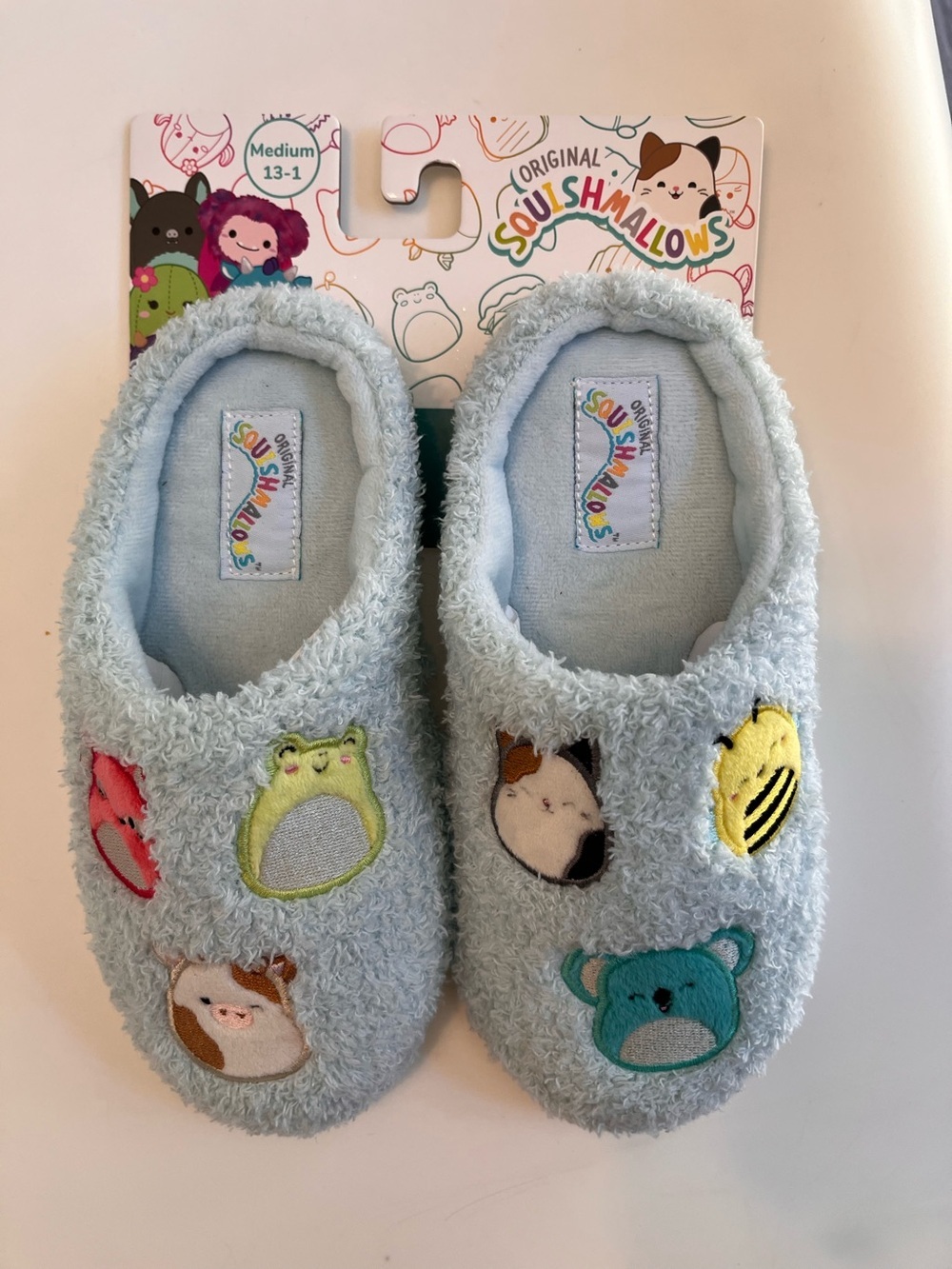 Squishmallows Fuzzy Blue Slip-On Slippers Medium 13-1 Animals Cat Kola Frog Bee